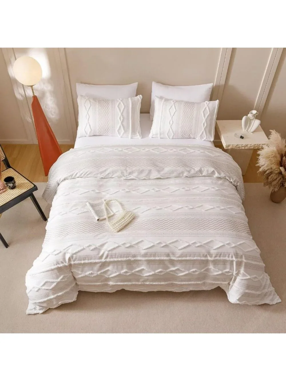 Queen White Boho Comforter Set - Soft Tufted Bedding, Rustic Chic 3PCS Quilt